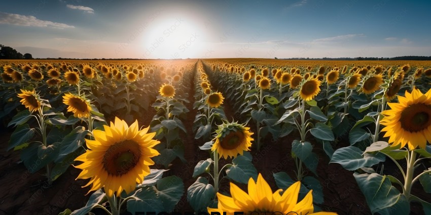 Sunflowers in a field with a sunset in the background