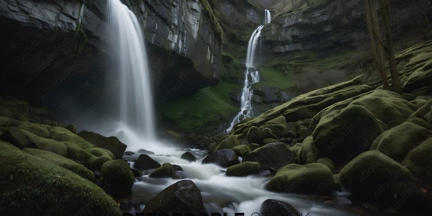 A waterfall cascades down a rocky cliff