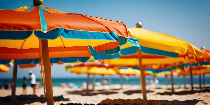 Beach umbrellas with a blue and yellow striped one in the foreground