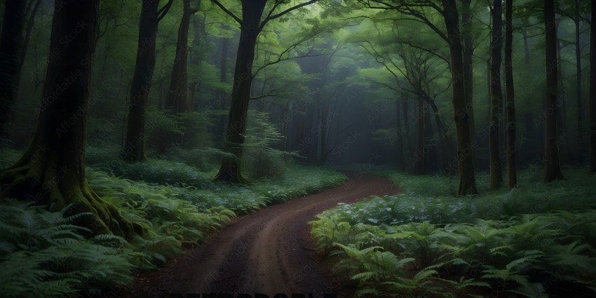 A forest path with greenery and trees