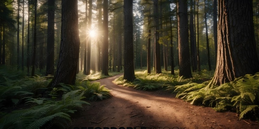 A dirt pathway through a forest with sunlight streaming through the trees