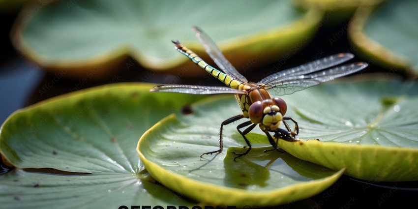 A dragonfly with a yellow and blue body sits on a leaf