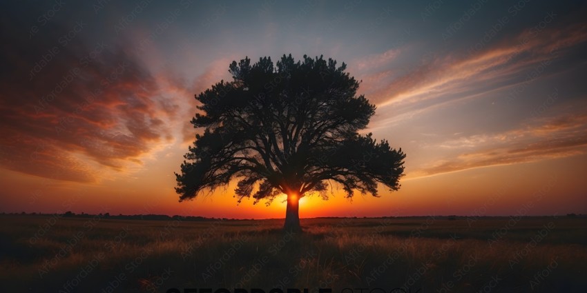 A tree silhouette with a sunset in the background