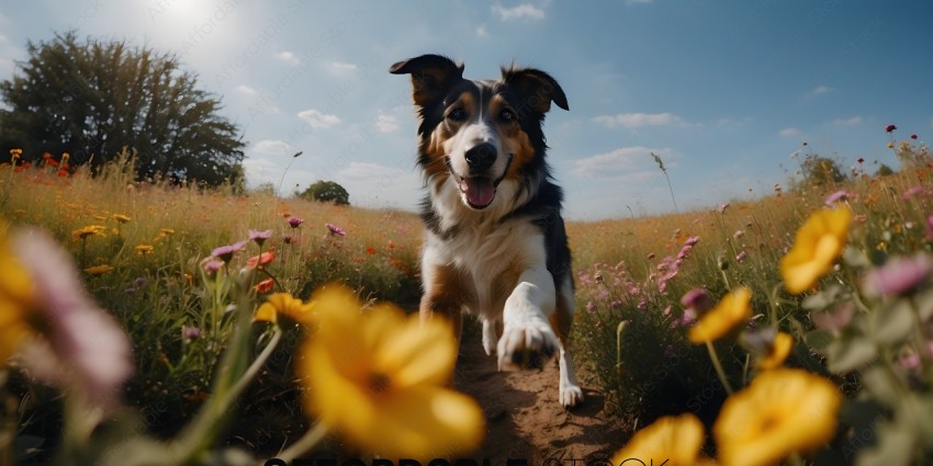 A dog running through a field of flowers