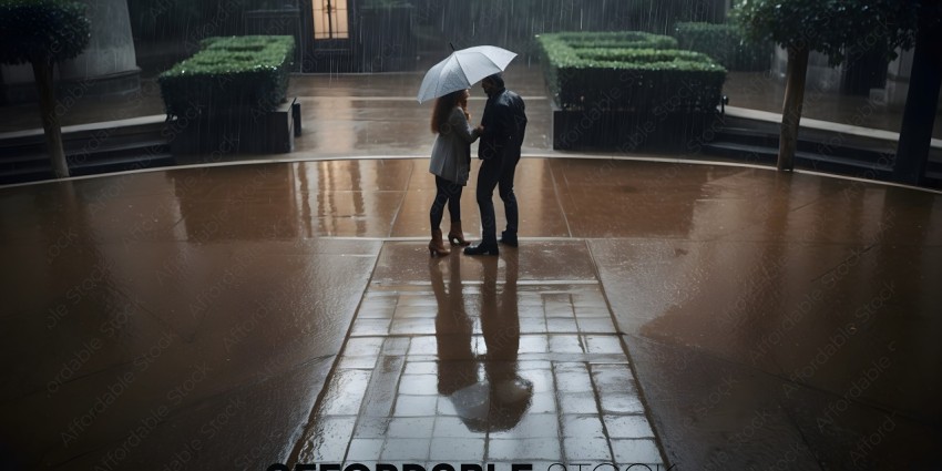 A couple standing in the rain holding an umbrella