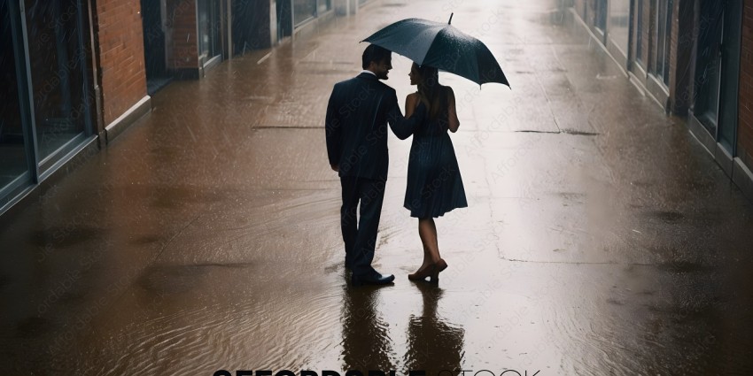 A couple standing in the rain holding an umbrella