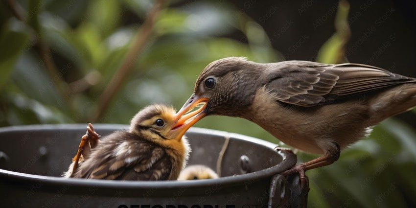 A mother bird feeding her baby