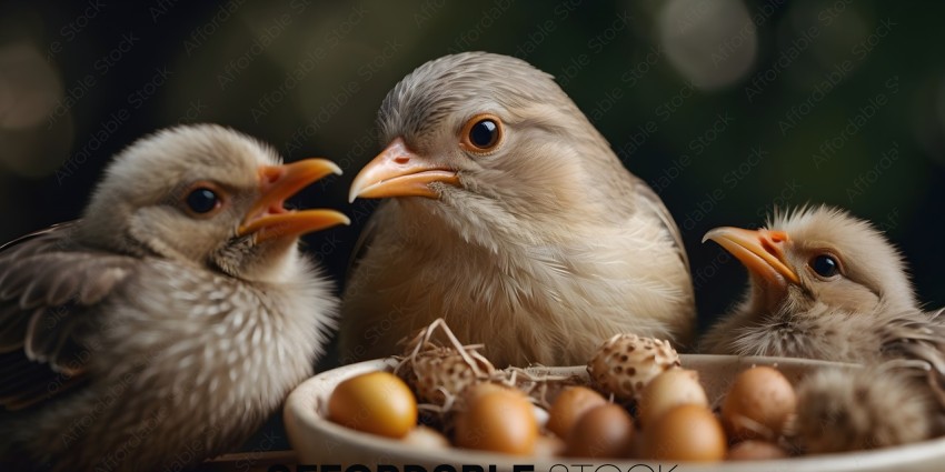 A bird with a bowl of eggs in front of it