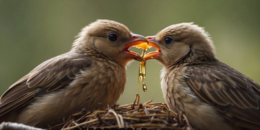 Two birds with beaks open eating something