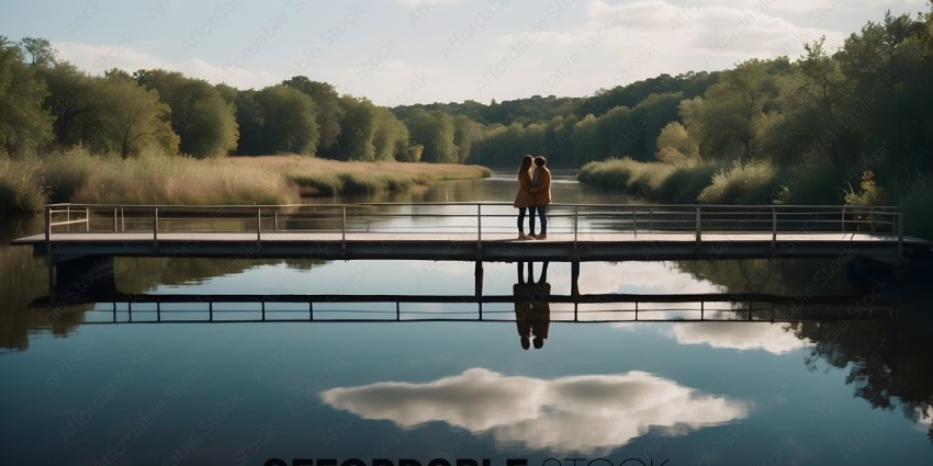A couple standing on a bridge overlooking a river