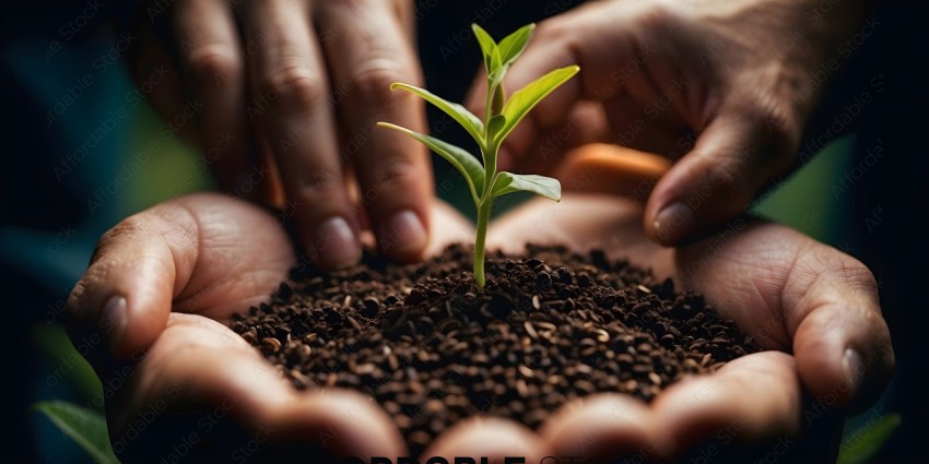 A person's hands hold a small plant in the dirt