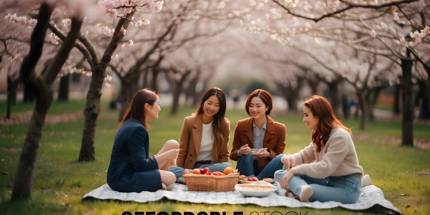 Four Asian women sitting on a blanket eating fruit