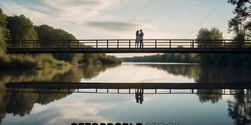 A couple kisses on a bridge overlooking a river