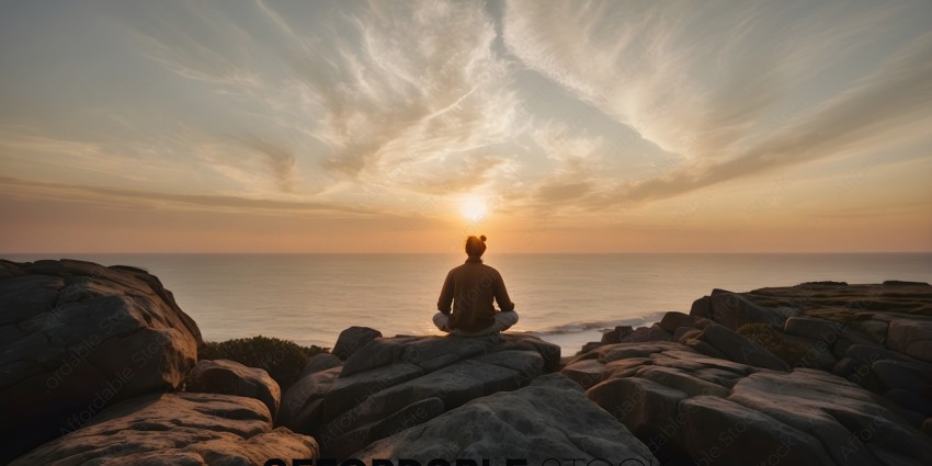 A man meditating on a rock overlooking the ocean