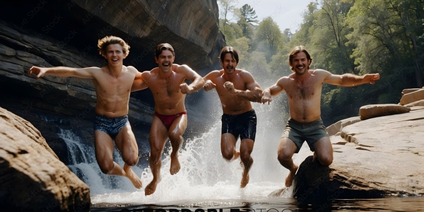 Four men jumping in a river