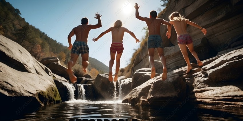 Four people jumping into a waterfall