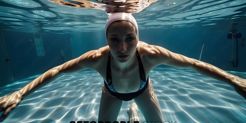 Woman in a black swimsuit underwater
