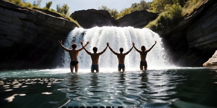 Four men in swim trunks standing in front of a waterfall