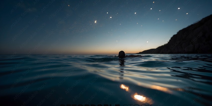 A person swimming in the ocean at night