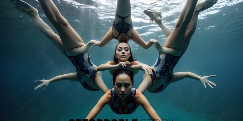 Four women in swimsuits are underwater