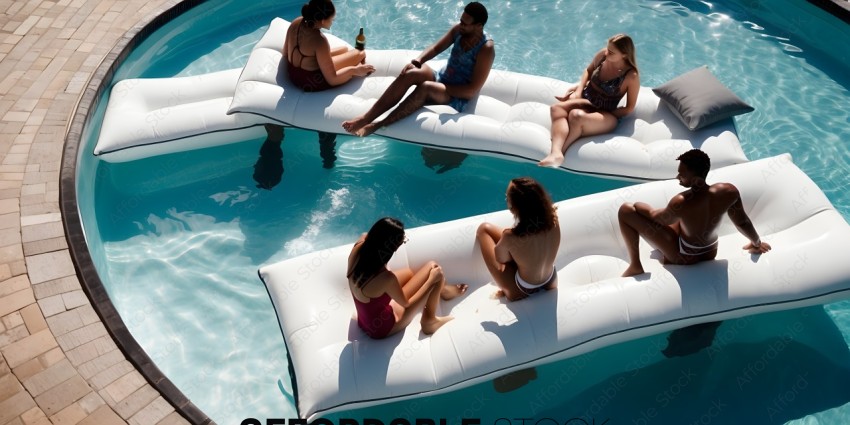 A group of people relaxing on inflatable rafts in a pool