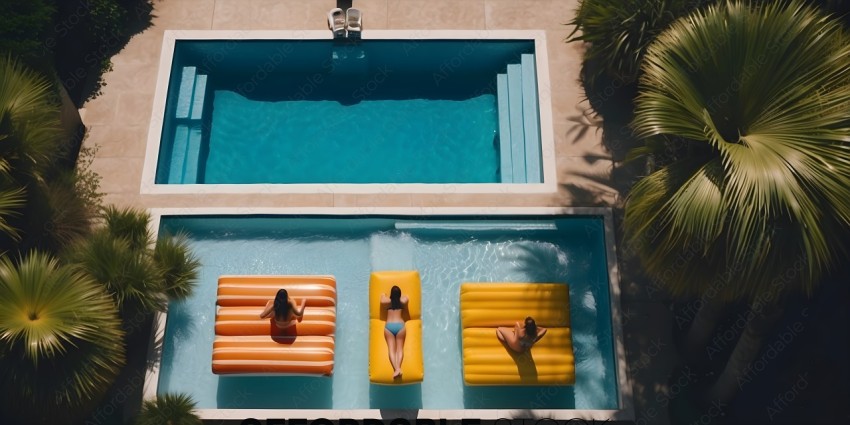 Three women relaxing on inflatable rafts in a pool