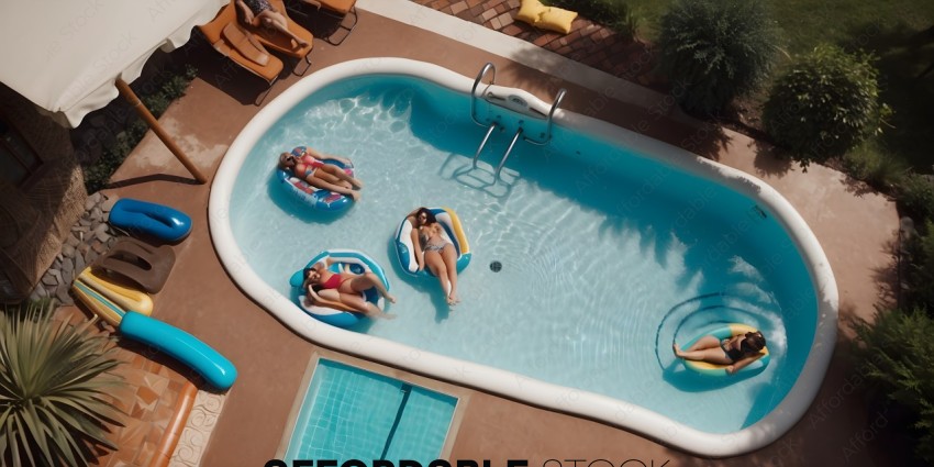 Four women relaxing in inflatable pool toys