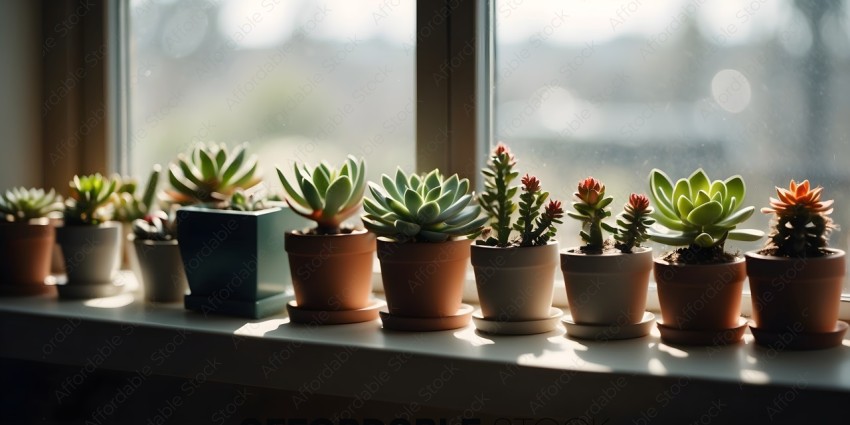 Potted plants lined up on a windowsill