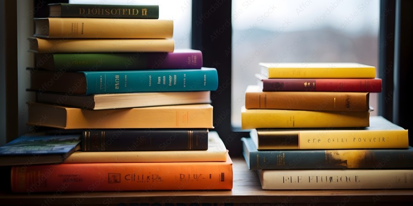 A stack of books with a window in the background