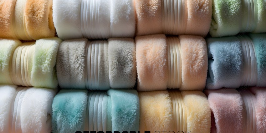 A stack of furry towels in various colors