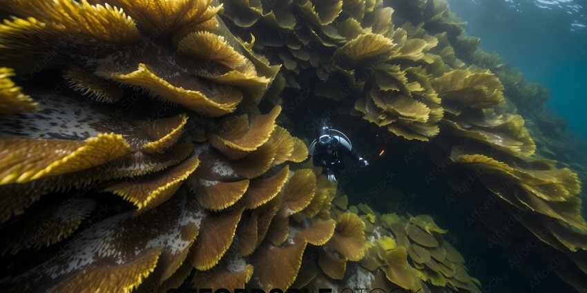 Diver swims underneath a large yellow seaweed