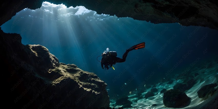 Diver in a cave with a red and black fin