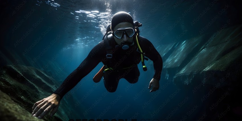 Diver in a black wetsuit with a yellow hose