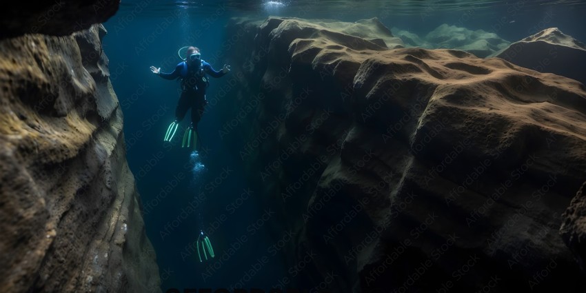 Diver in a cave with a rock wall