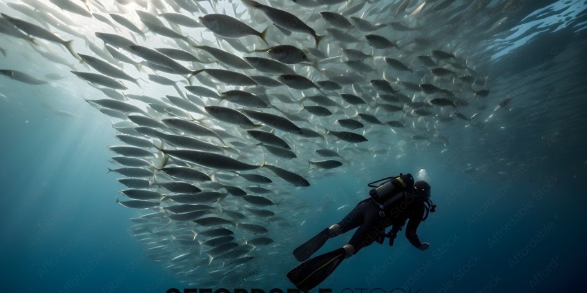 Diver swims under a school of fish