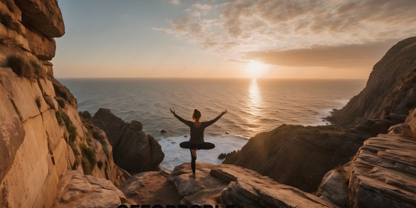 A woman in a black shirt and black pants is doing a yoga pose on a rocky cliff overlooking the ocean