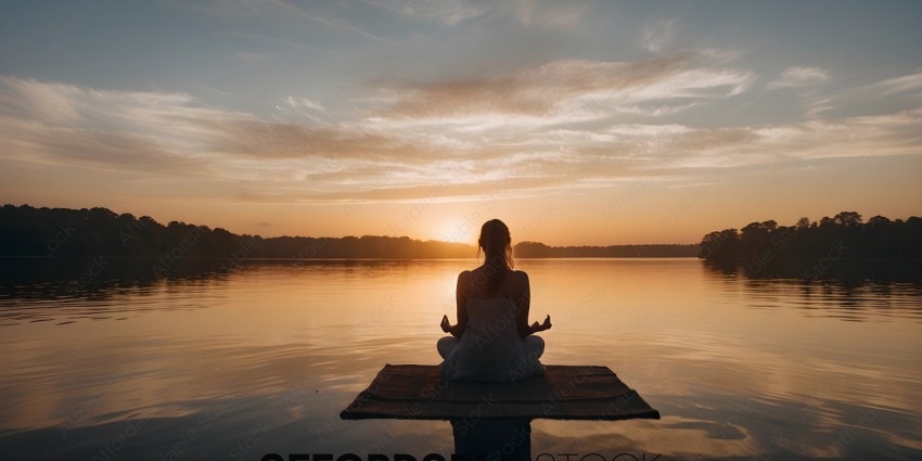 Woman meditating on a floating dock in a lake at sunset