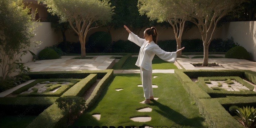 A woman in a white robe is standing in a grassy area