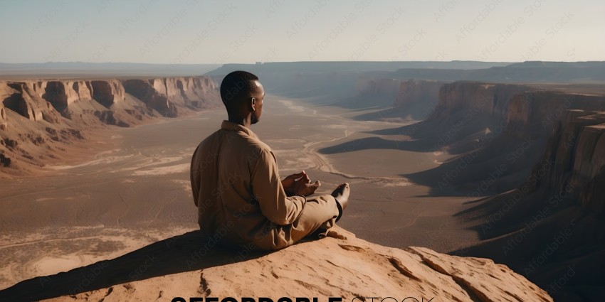 A man sitting on a rock overlooking a vast desert landscape