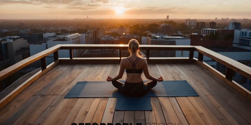 A woman meditating on a yoga mat on a wooden deck