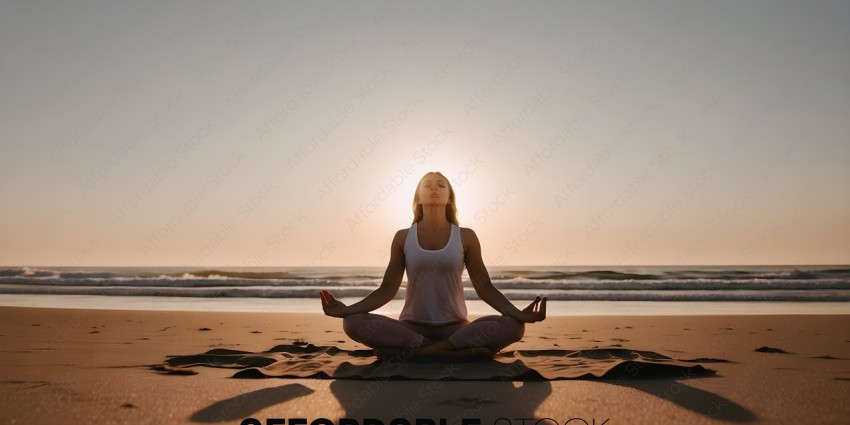 A woman meditating on the beach with the sun in the background