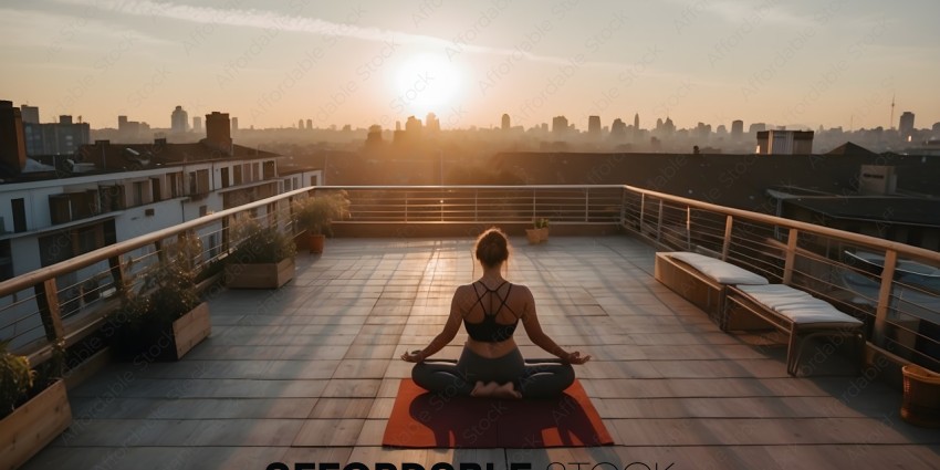 Woman meditating on a yoga mat in a cityscape