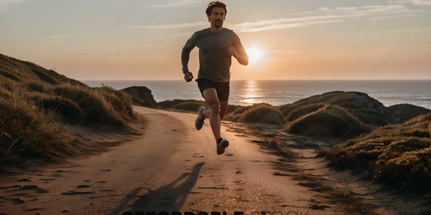 Man running on a road with the sunset in the background