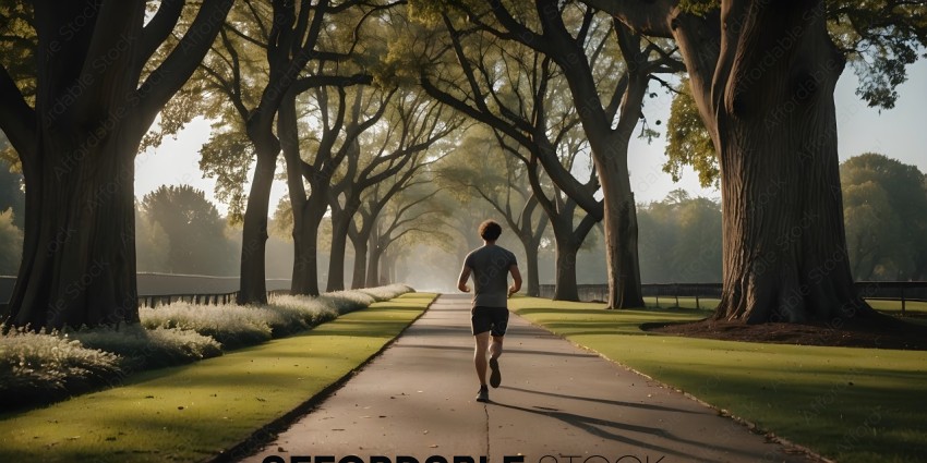 Man jogging down a tree lined path