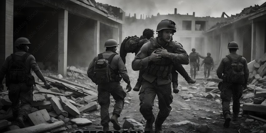 Soldiers carrying a wounded soldier in a war zone