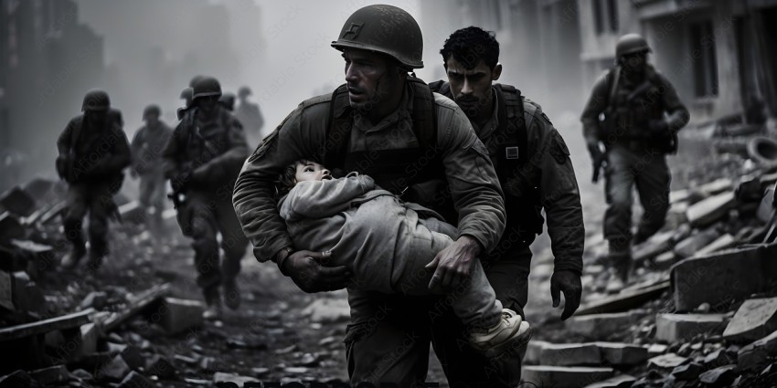 Soldiers carrying a child in a war zone