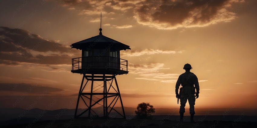 A soldier standing in front of a lighthouse at sunset