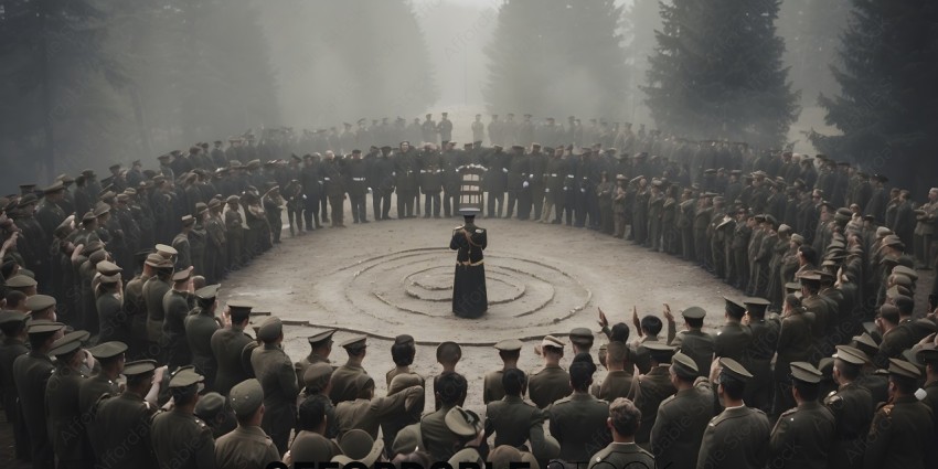 A man in a military uniform stands in the center of a circle of soldiers