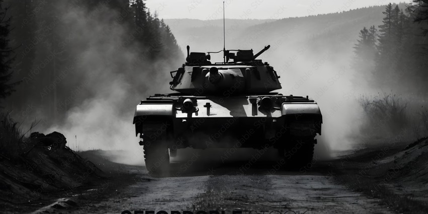A black and white photo of a tank driving down a road