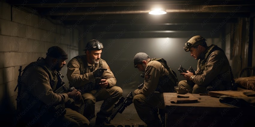 Soldiers in camouflage pants and helmets sitting in a dark room